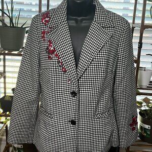 Focus Lifestyle Black White Houndstooth Blazer Floral Detail Size 8